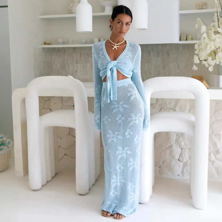STACY | Hollow-out knit long-sleeved skirt two-piece set