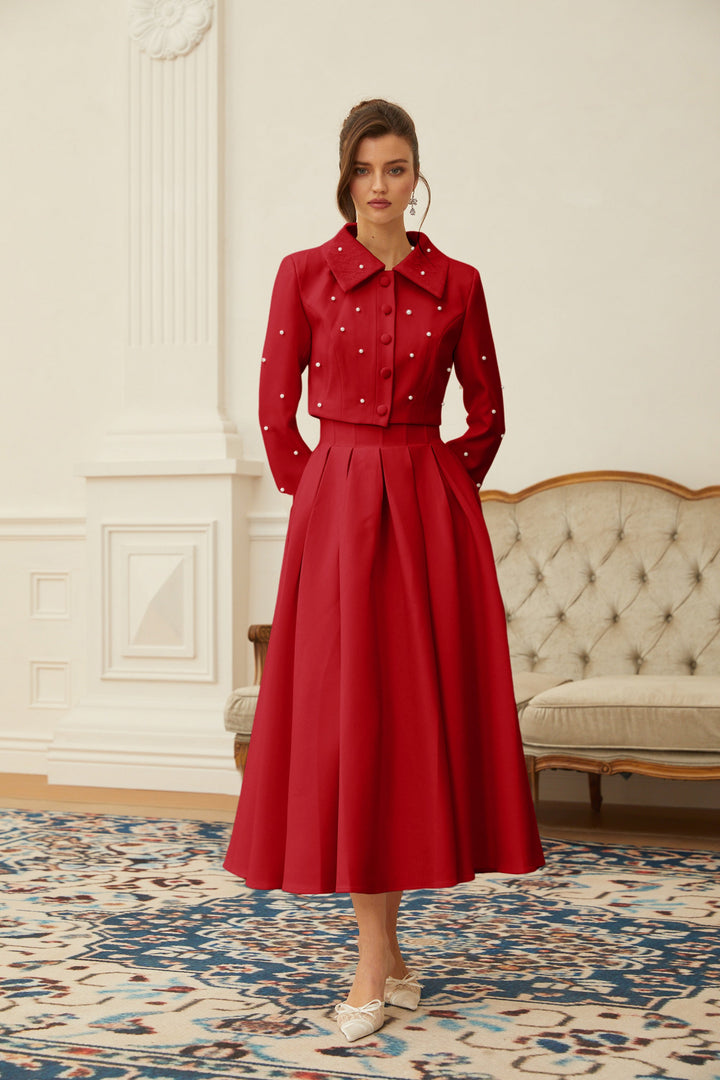 MIA | Red Faux Pearl Jacket & Pleated Skirt Set