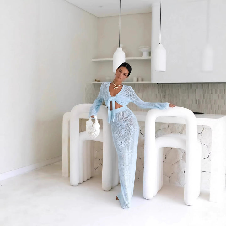 STACY | Hollow-out knit long-sleeved skirt two-piece set