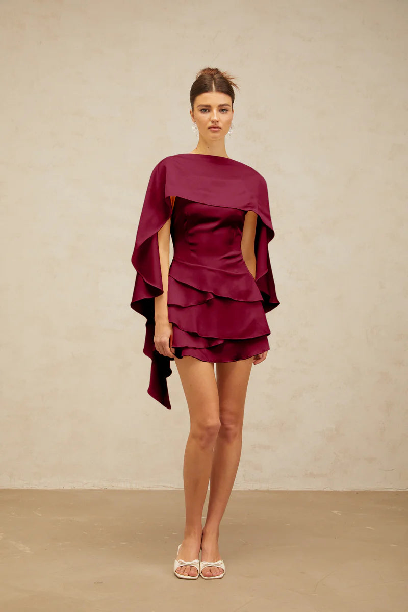 Lyna Satin Ruffled Mini Dress with Shawl Panel Detail