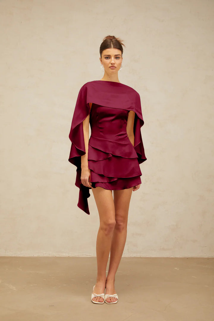 Lyna Satin Ruffled Mini Dress with Shawl Panel Detail