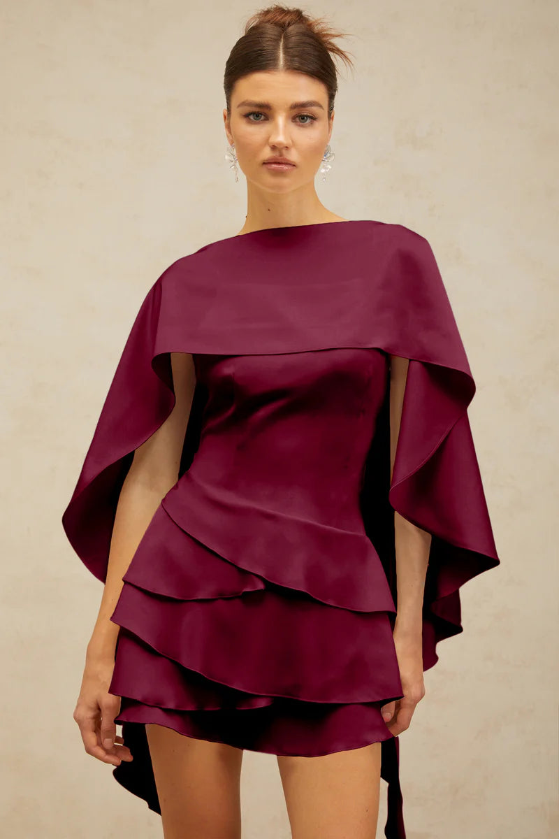 Lyna Satin Ruffled Mini Dress with Shawl Panel Detail