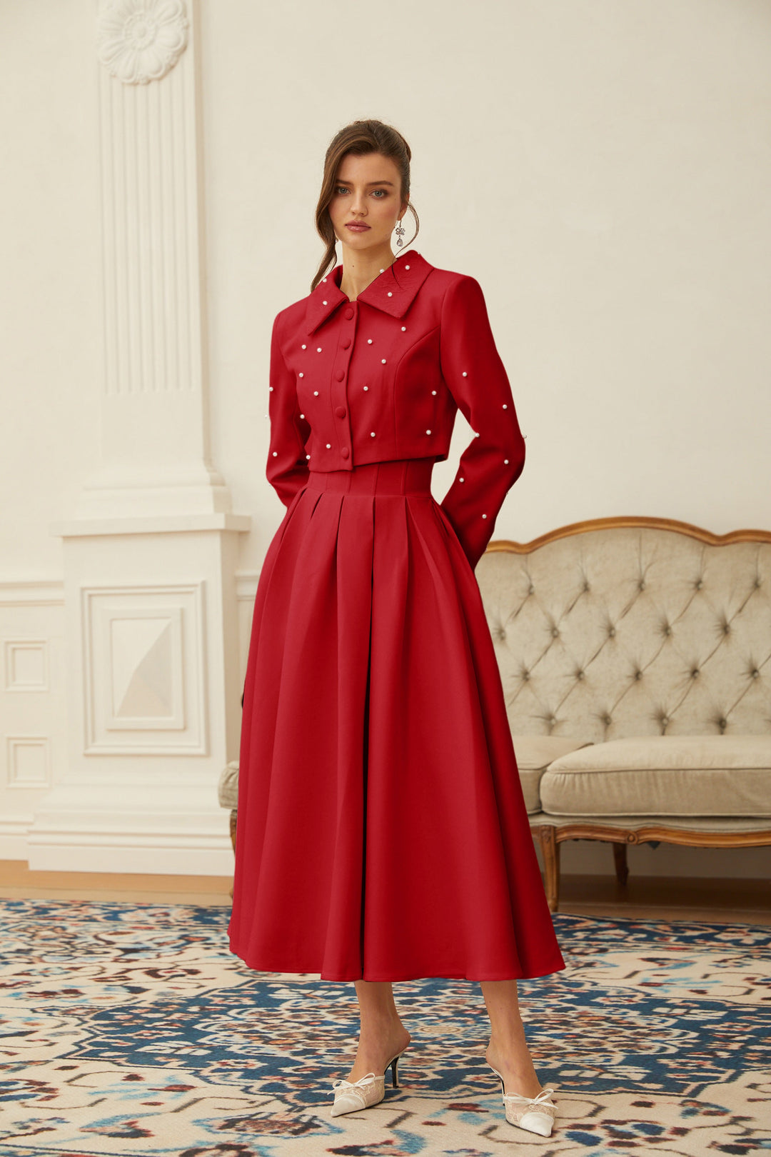 MIA | Red Faux Pearl Jacket & Pleated Skirt Set