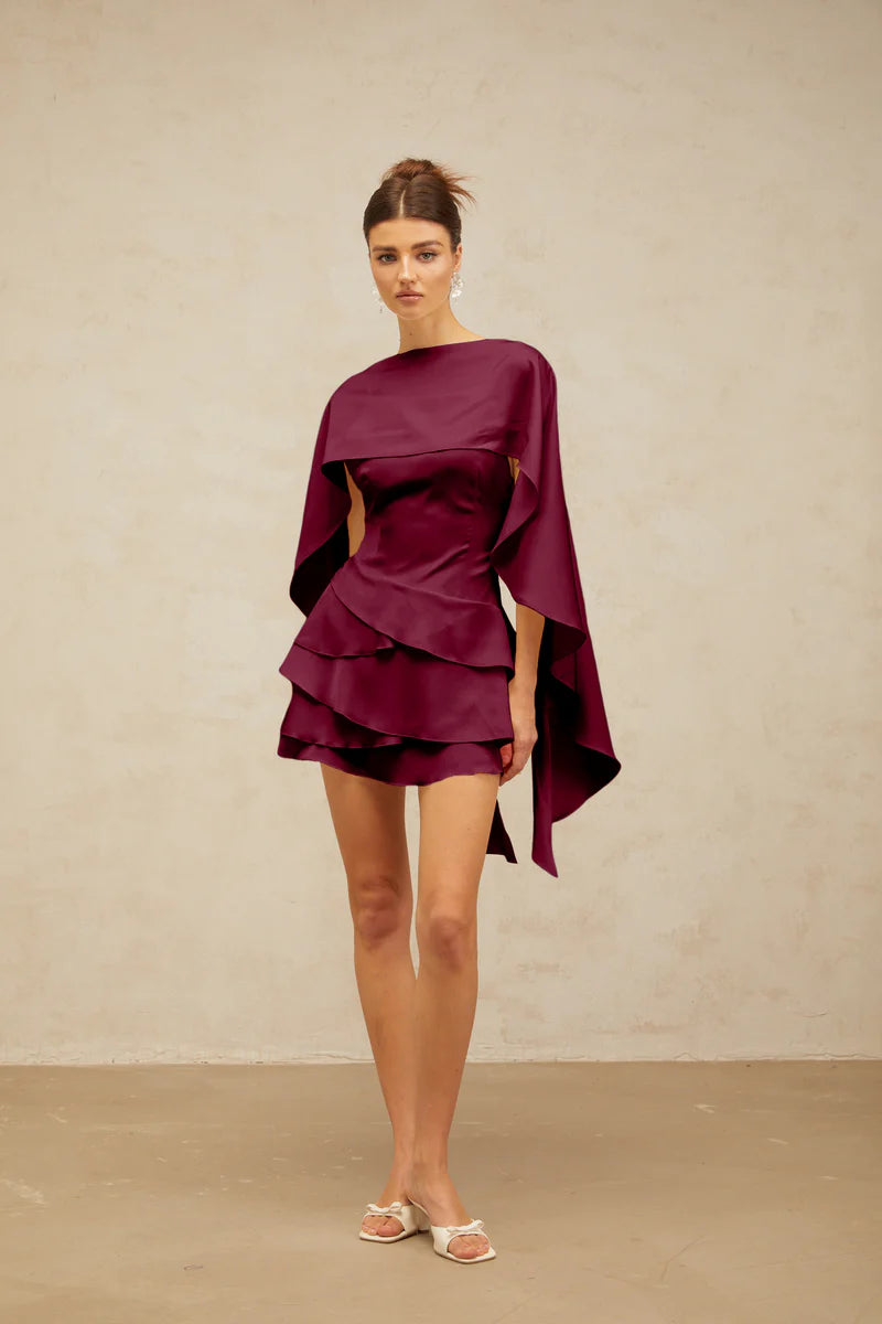 Lyna Satin Ruffled Mini Dress with Shawl Panel Detail
