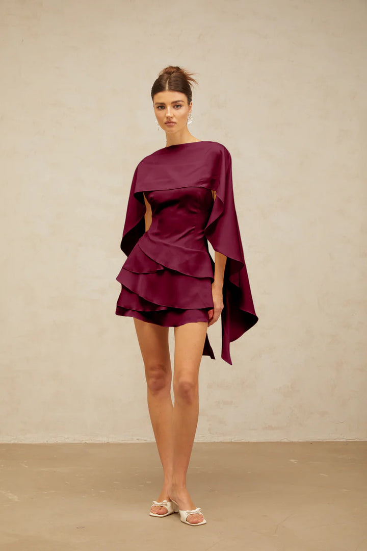 Lyna Satin Ruffled Mini Dress with Shawl Panel Detail