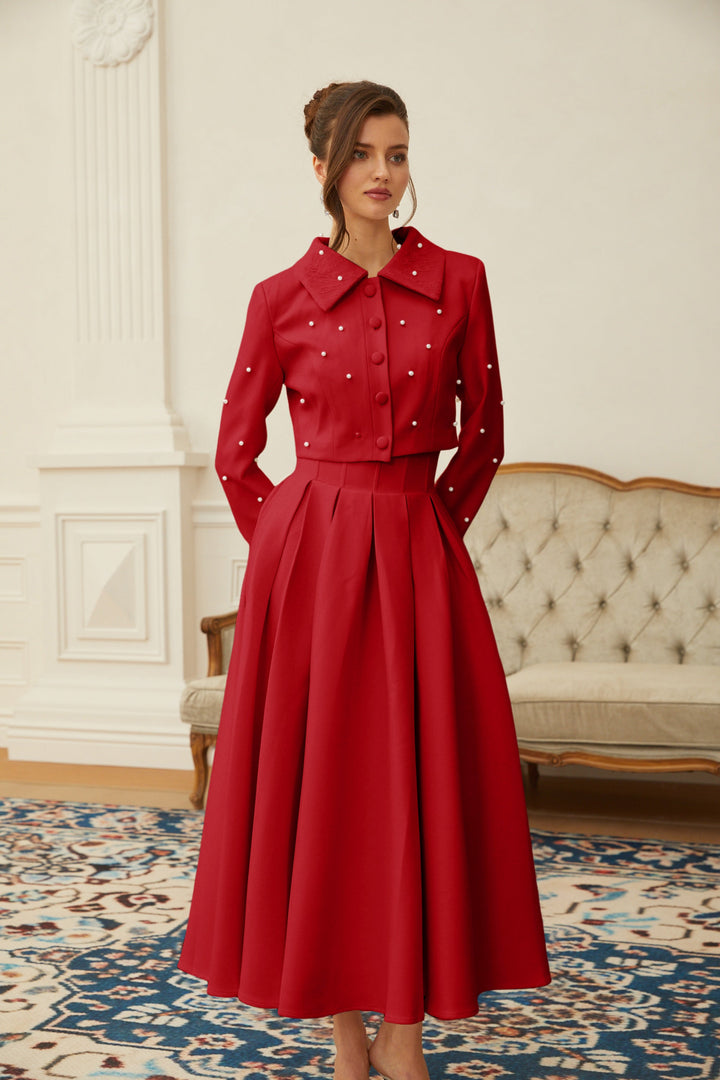 MIA | Red Faux Pearl Jacket & Pleated Skirt Set