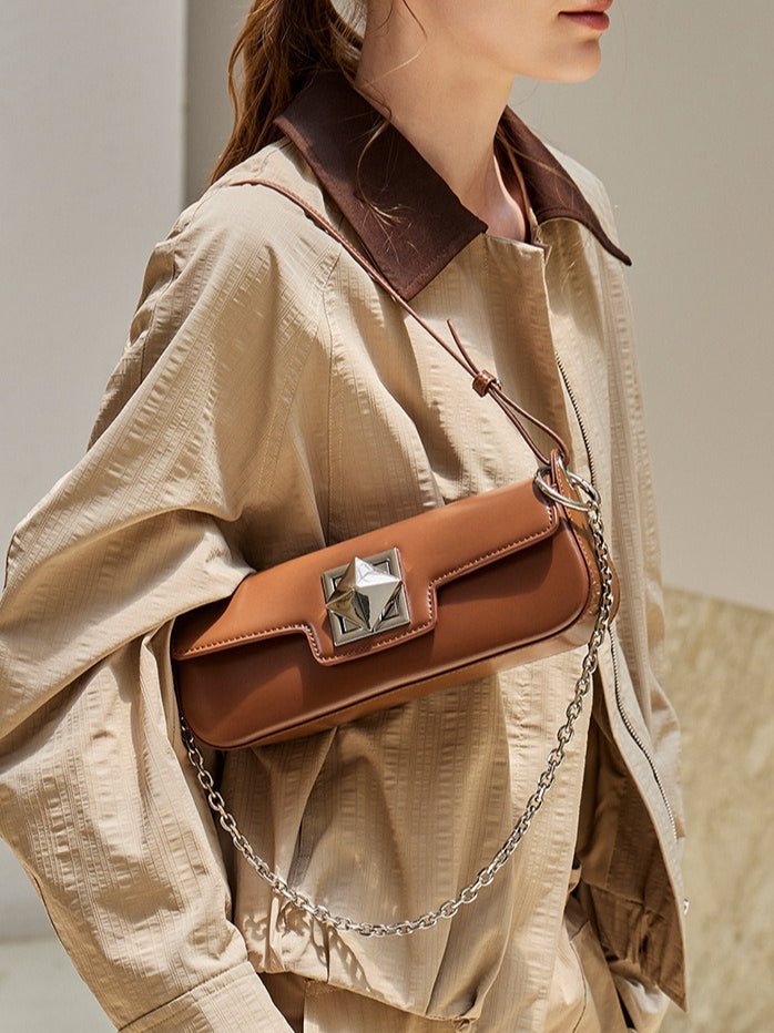 EVANGELINE | Minimalist Smooth Genuine Leather Silver Buckle Baguette Bag