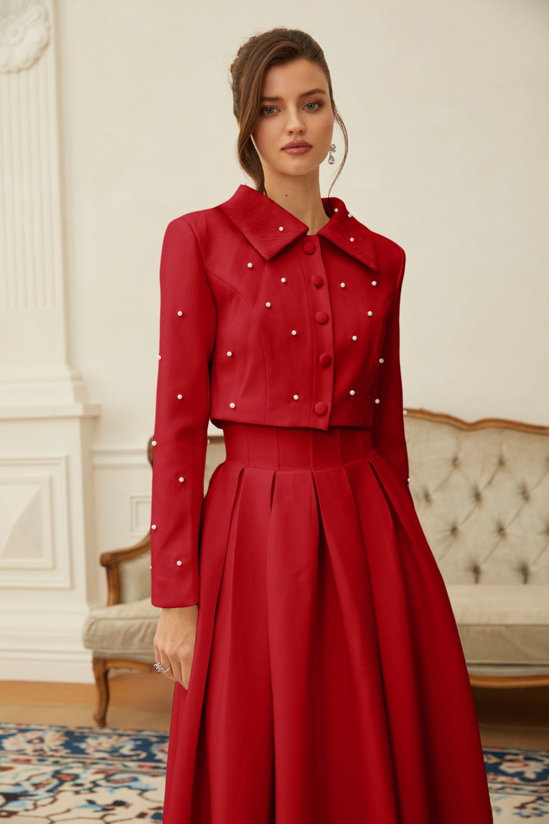 MIA | Red Faux Pearl Jacket & Pleated Skirt Set
