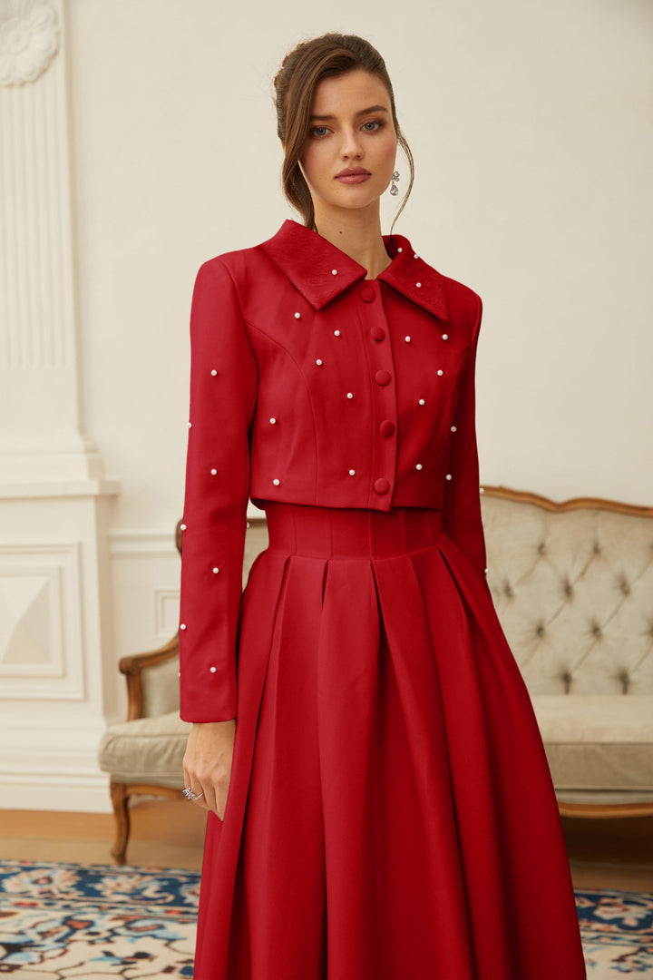 MIA | Red Faux Pearl Jacket & Pleated Skirt Set