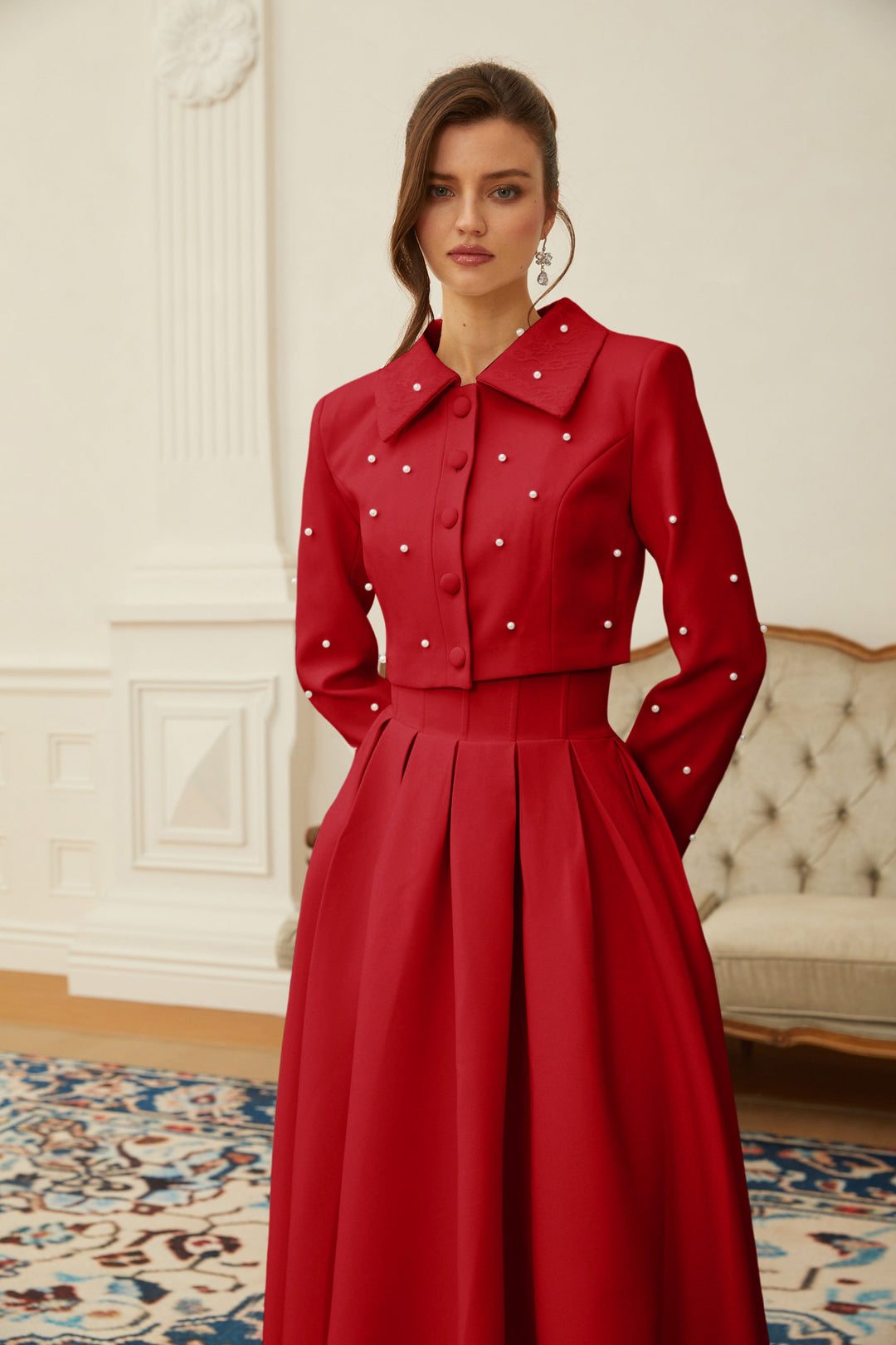 MIA | Red Faux Pearl Jacket & Pleated Skirt Set