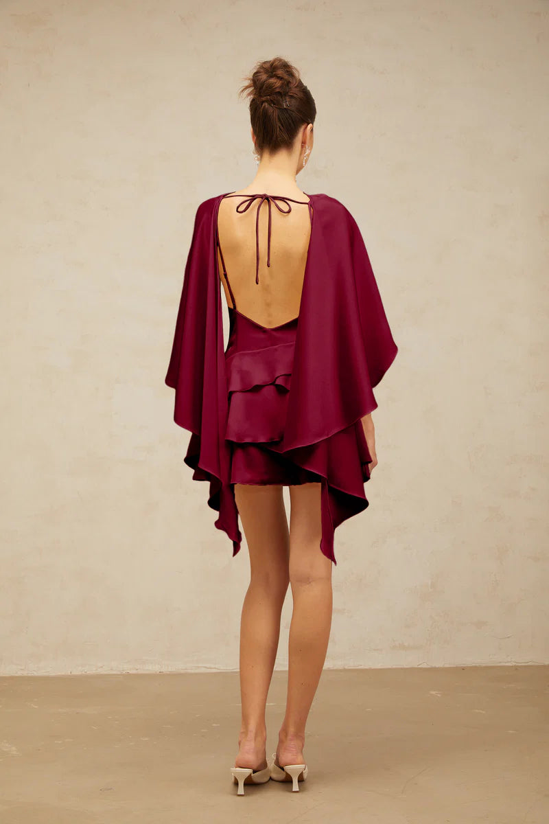 Lyna Satin Ruffled Mini Dress with Shawl Panel Detail