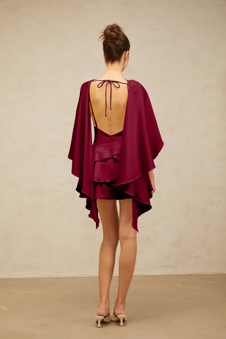 Lyna Satin Ruffled Mini Dress with Shawl Panel Detail