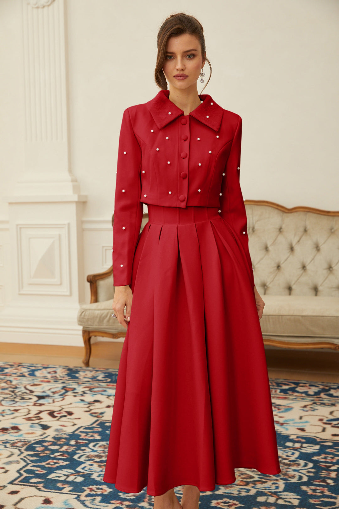 MIA | Red Faux Pearl Jacket & Pleated Skirt Set