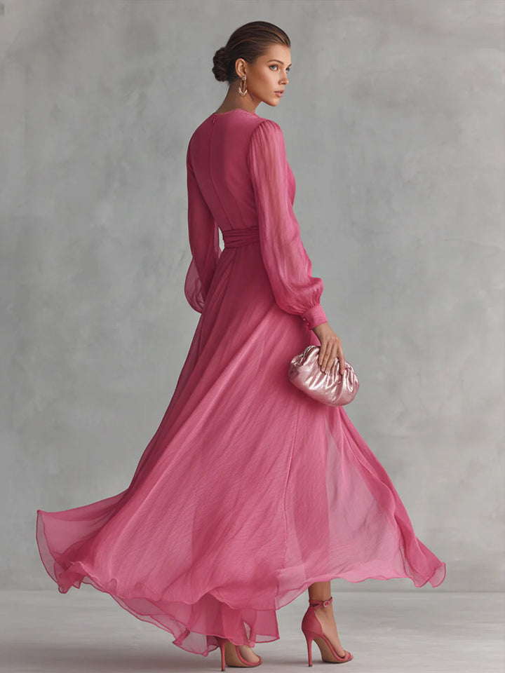 Clara| Elegant Rose Pink Pearl Chiffon V-neck Tie-waist Long Dress