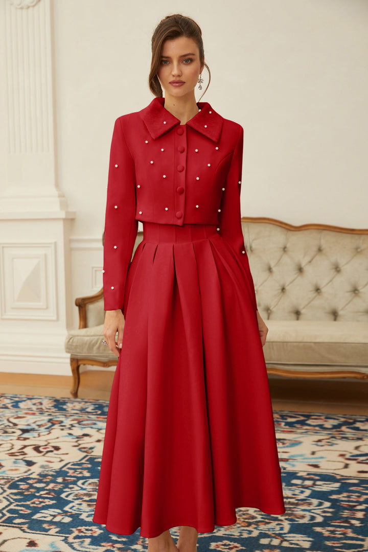 MIA | Red Faux Pearl Jacket & Pleated Skirt Set