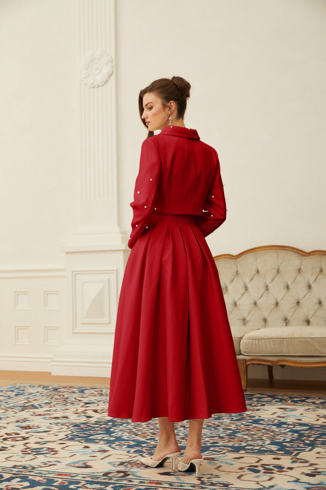 MIA | Red Faux Pearl Jacket & Pleated Skirt Set