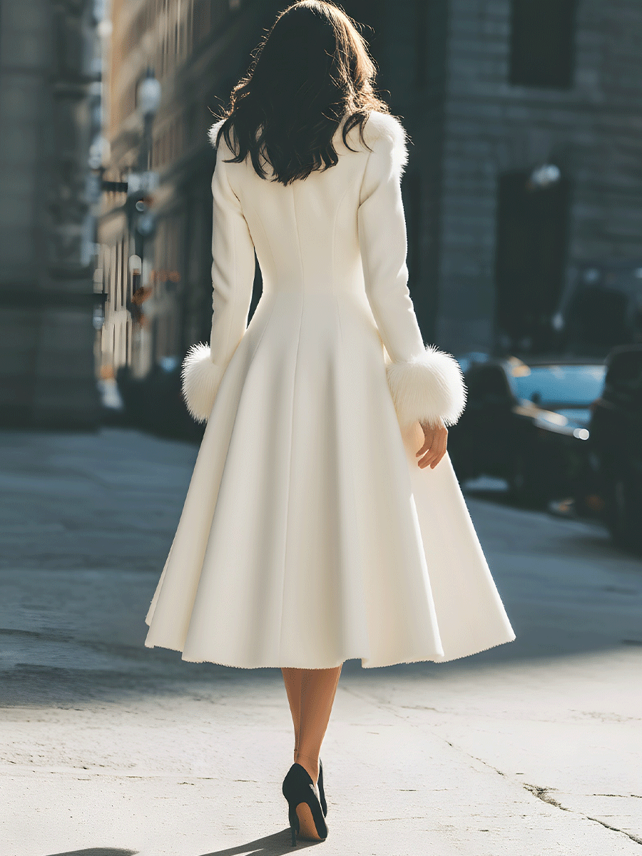 LOURA | Ivory Flared Coat With Faux Fur Collar And Cuffs