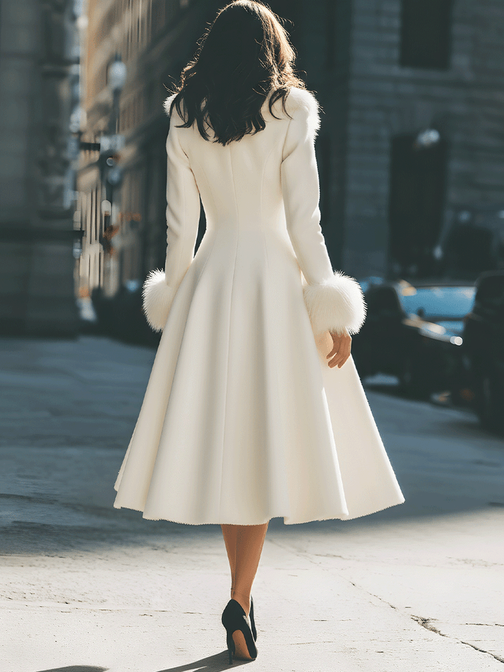 LOURA | Ivory Flared Coat With Faux Fur Collar And Cuffs