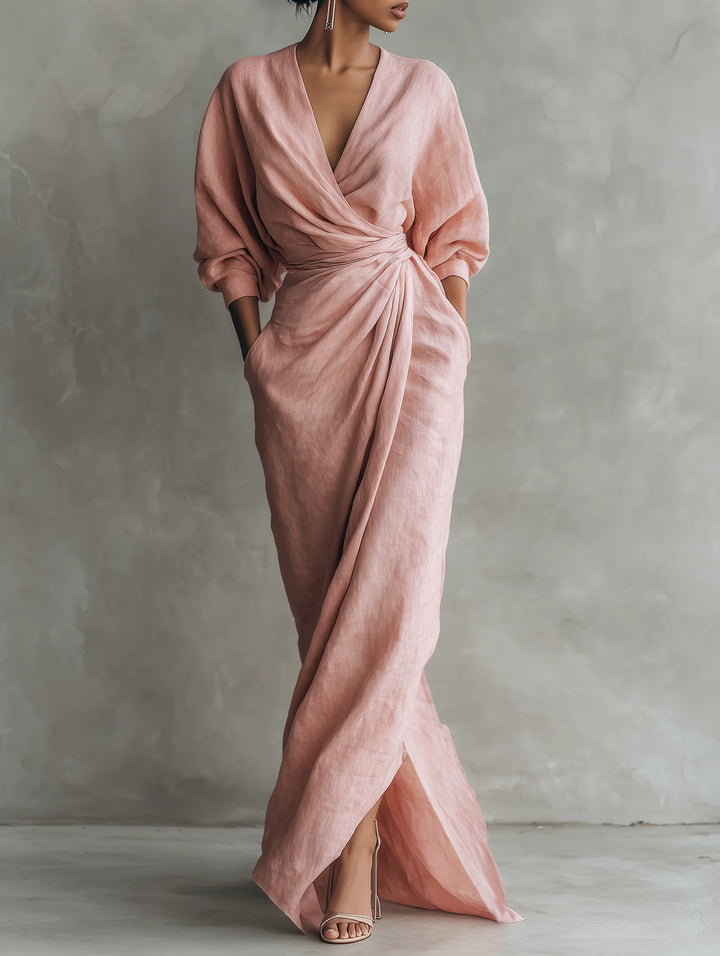 Ivy| Pink Minimalist V-neck Linen Blend Maxi Dress