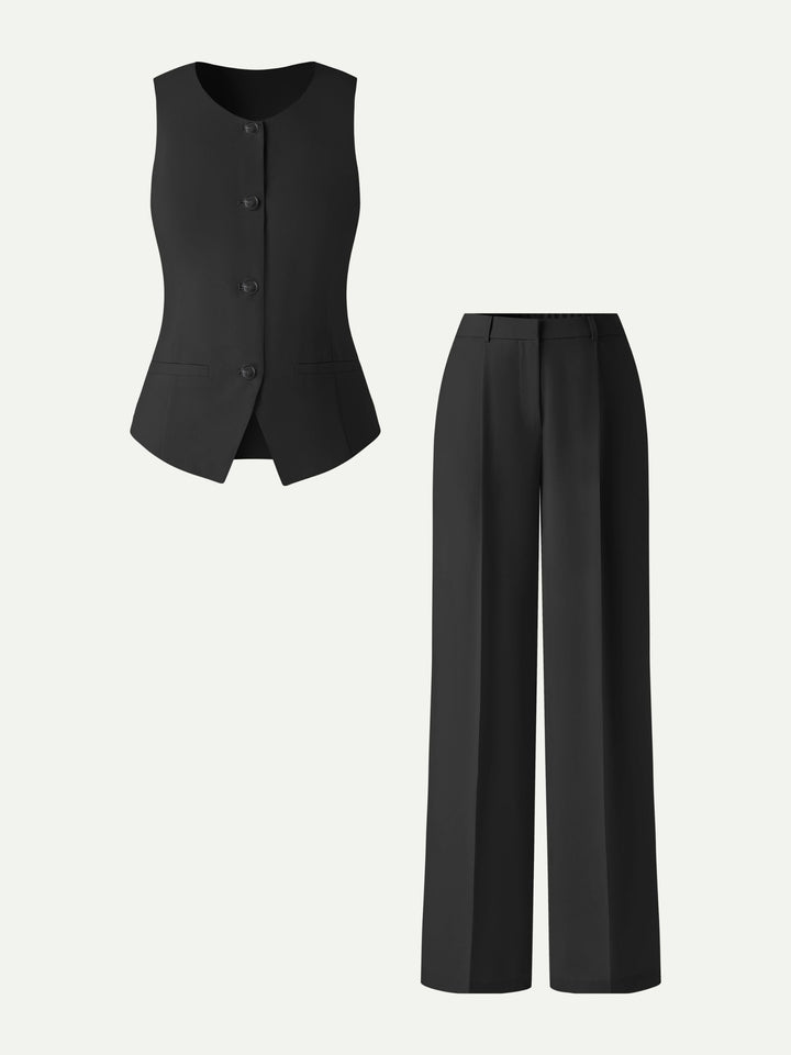 LAUREN | 2Pcs Set Waistcoat with Pockets & Wide Leg Pant