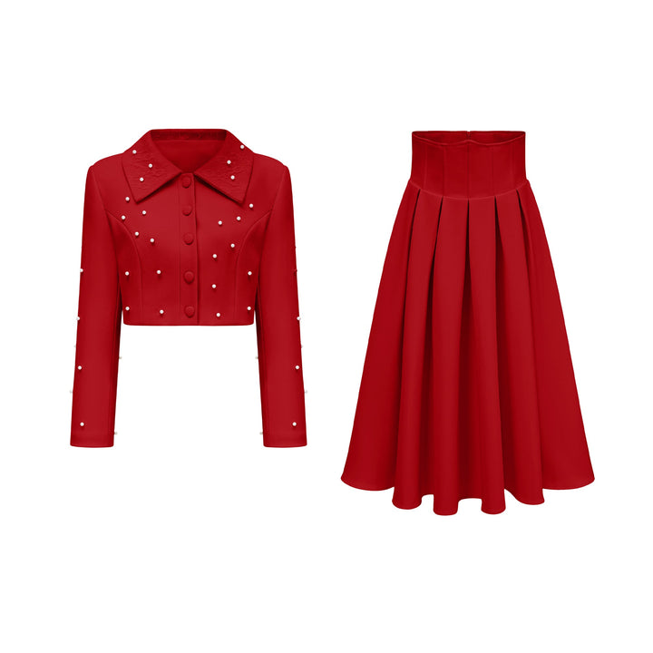 MIA | Red Faux Pearl Jacket & Pleated Skirt Set