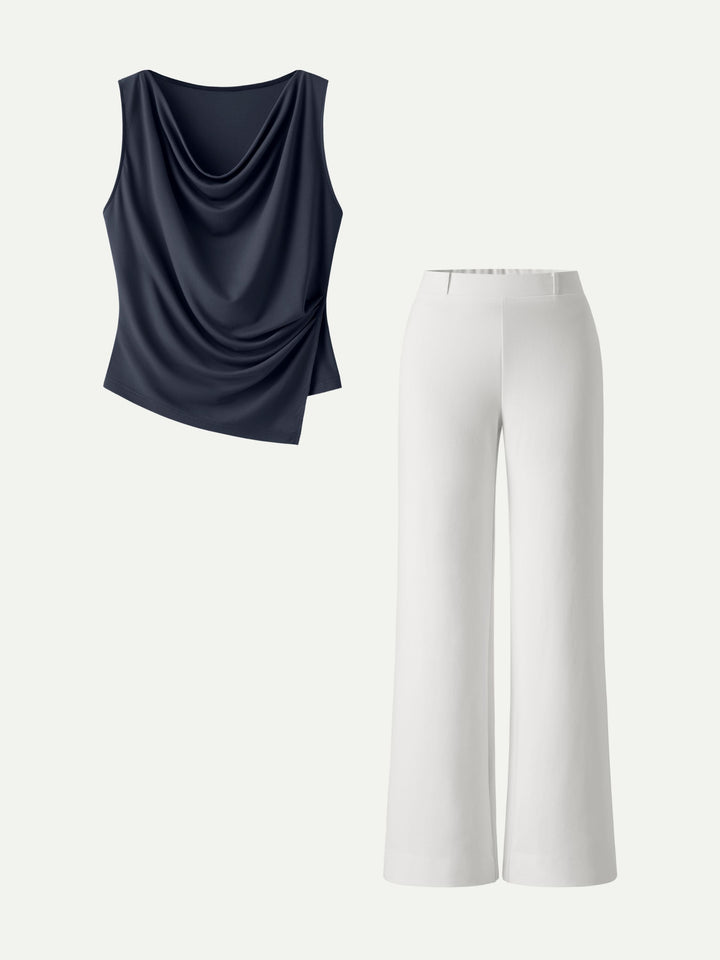 MEGAN | 2Pcs Set Cowl Asymmetrical Tucked Top & Wide Leg Pant with Pockets