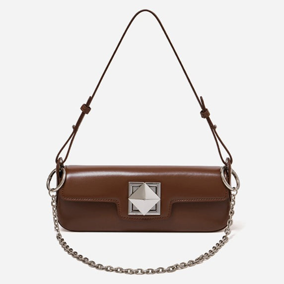 EVANGELINE | Minimalist Smooth Genuine Leather Silver Buckle Baguette Bag