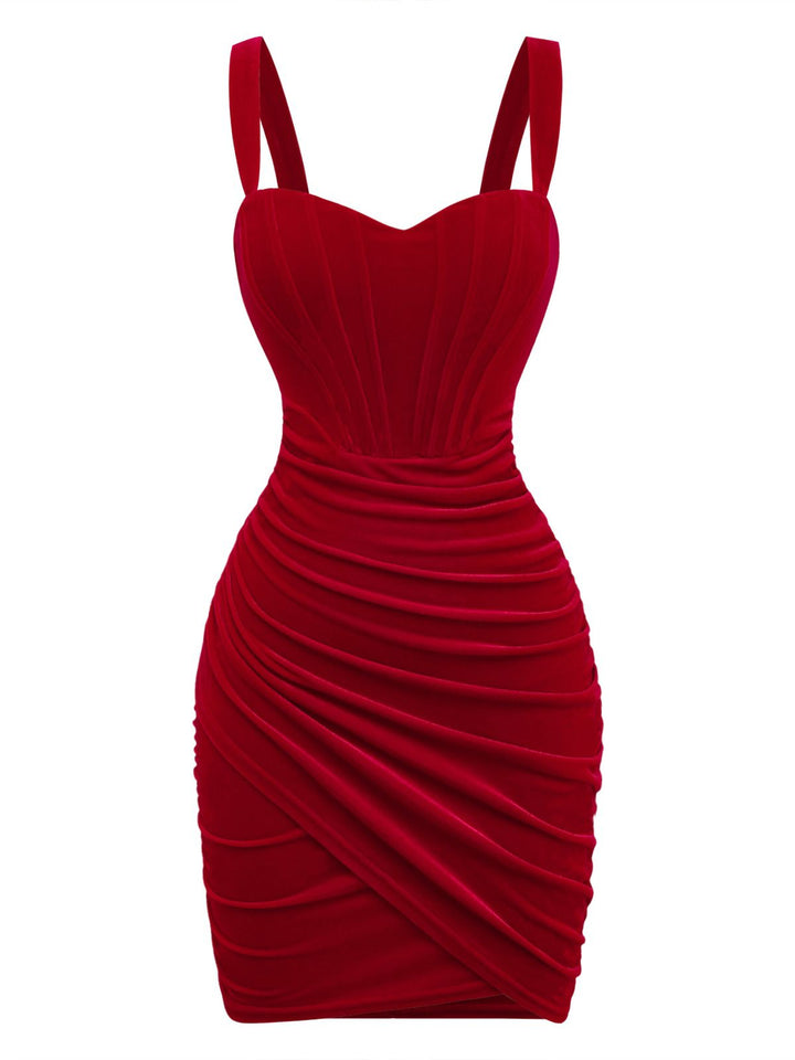 ESMERALDA |  Red 1980s Velvet Corset Ruched Sweetheart Mini Dress