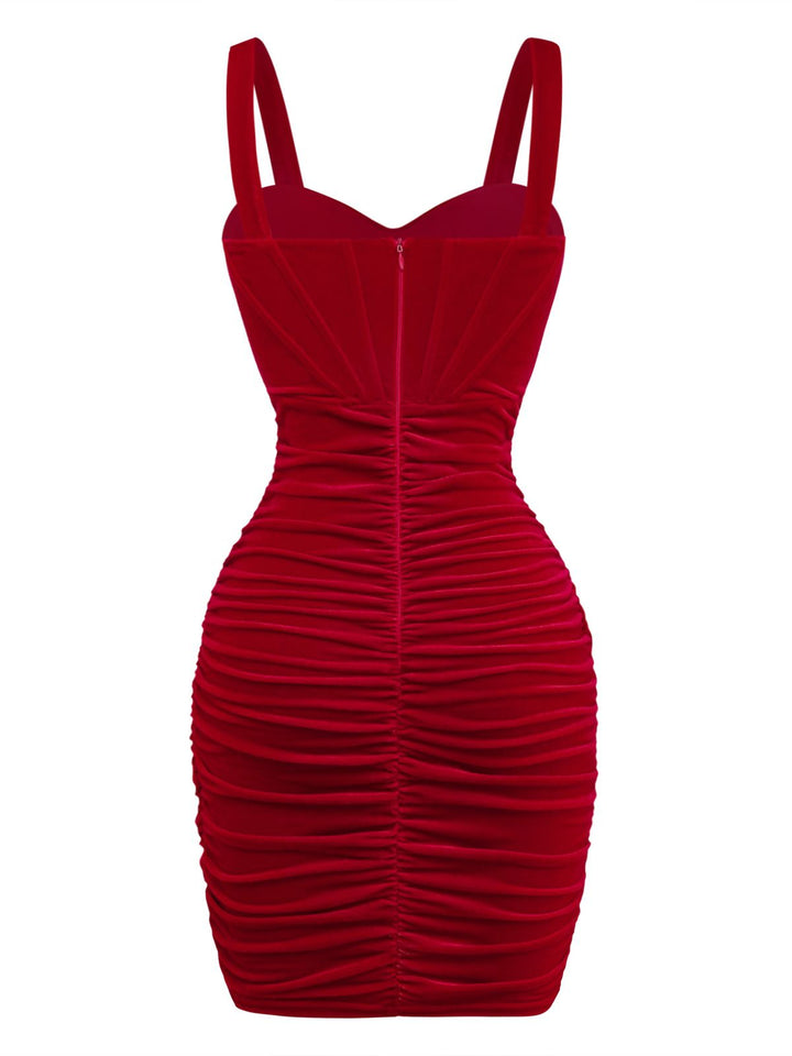 ESMERALDA |  Red 1980s Velvet Corset Ruched Sweetheart Mini Dress