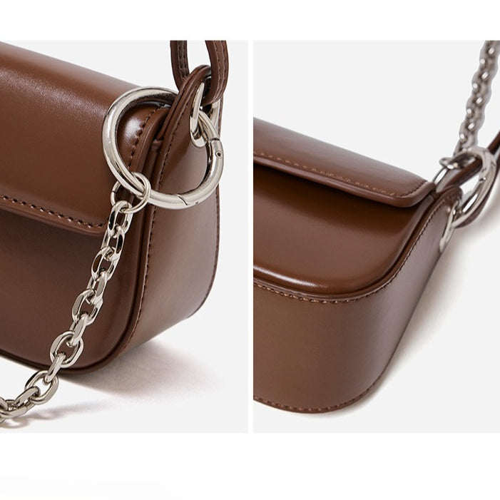EVANGELINE | Minimalist Smooth Genuine Leather Silver Buckle Baguette Bag