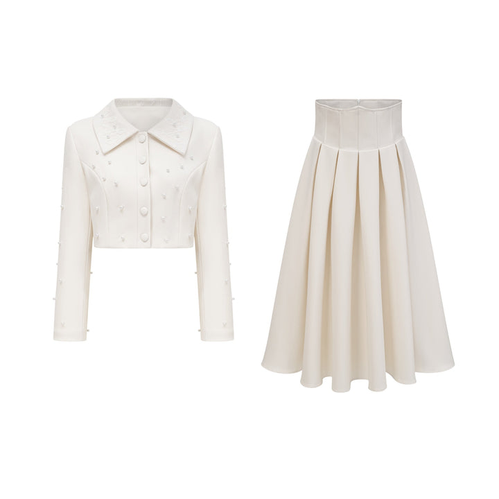 MIA| White Faux Pearl Jacket & Pleated Skirt Set