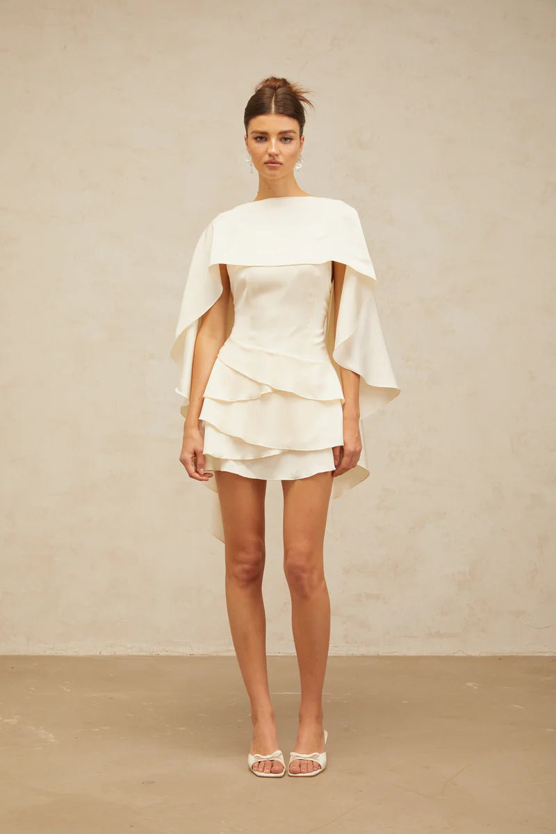 Lyna Satin Ruffled Mini Dress with Shawl Panel Detail