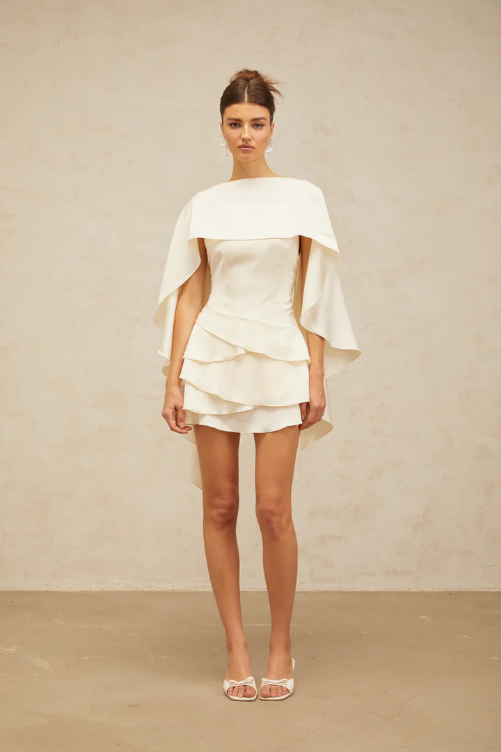 Lyna Satin Ruffled Mini Dress with Shawl Panel Detail