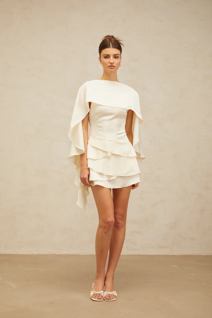 Lyna Satin Ruffled Mini Dress with Shawl Panel Detail