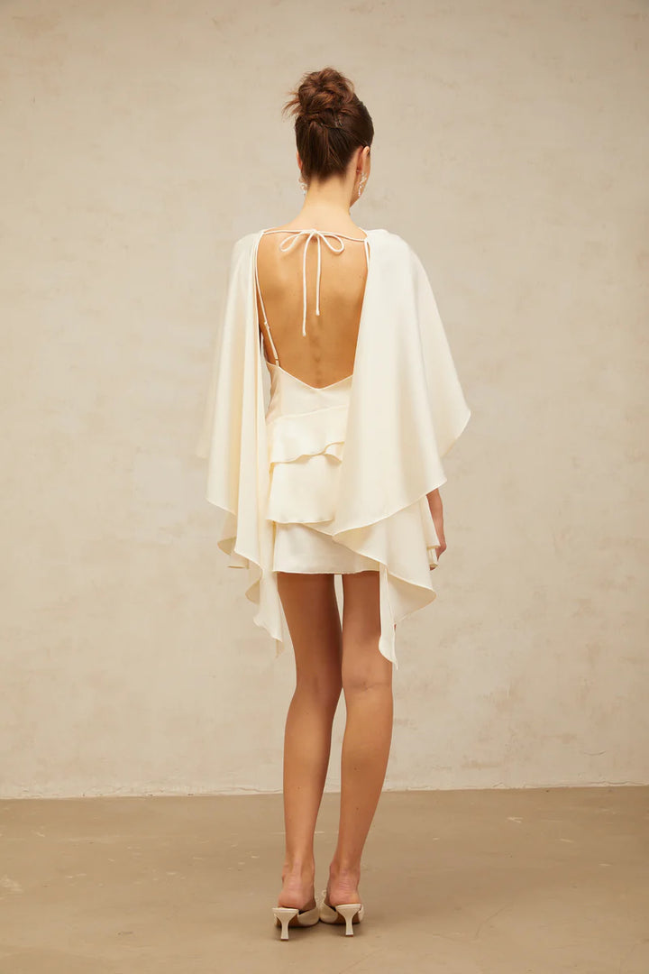 Lyna Satin Ruffled Mini Dress with Shawl Panel Detail