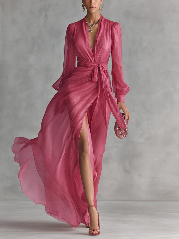 Clara| Elegant Rose Pink Pearl Chiffon V-neck Tie-waist Long Dress