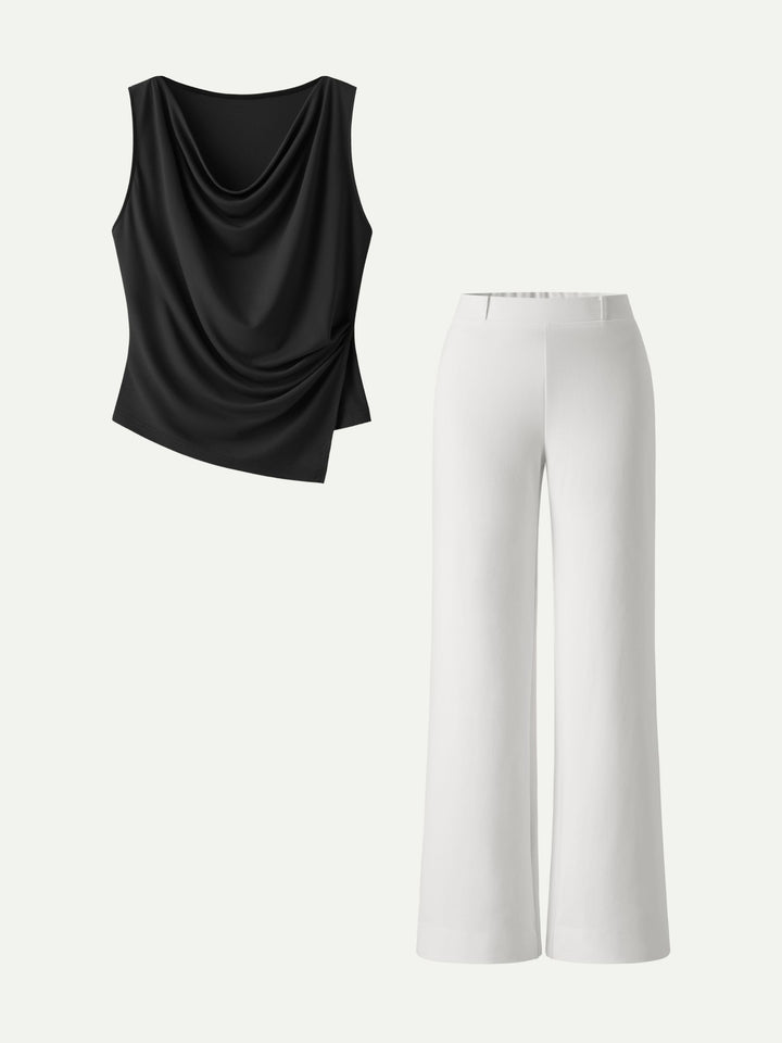 MEGAN | 2Pcs Set Cowl Asymmetrical Tucked Top & Wide Leg Pant with Pockets