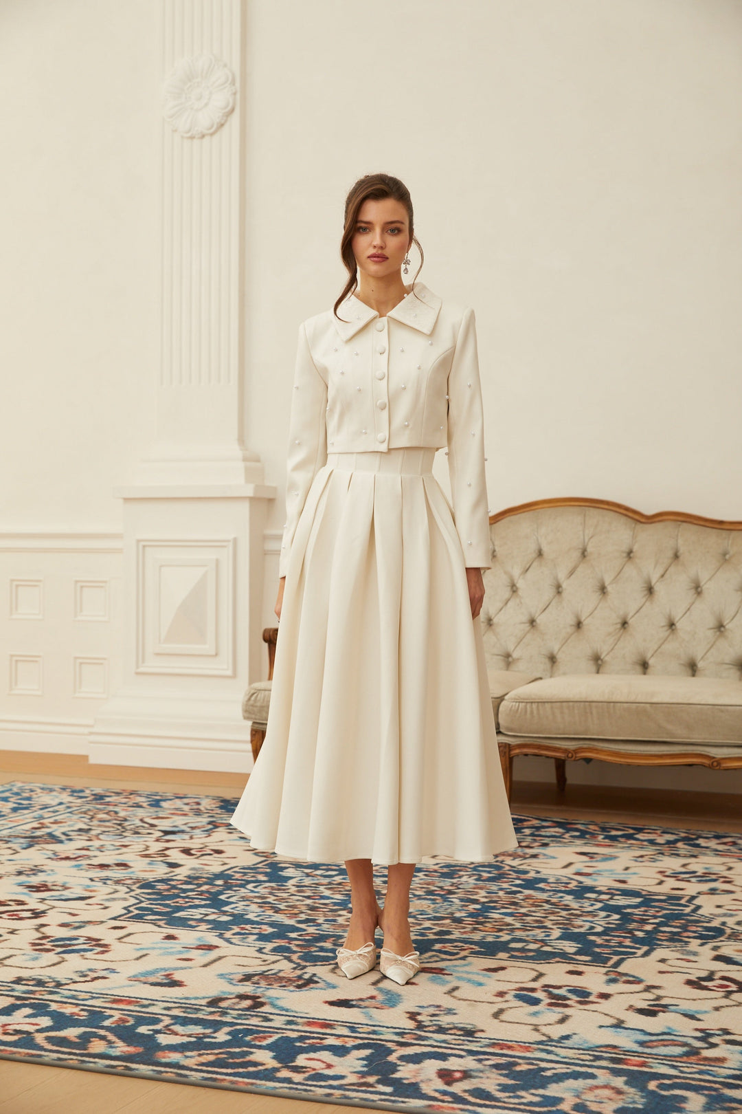 MIA| White Faux Pearl Jacket & Pleated Skirt Set