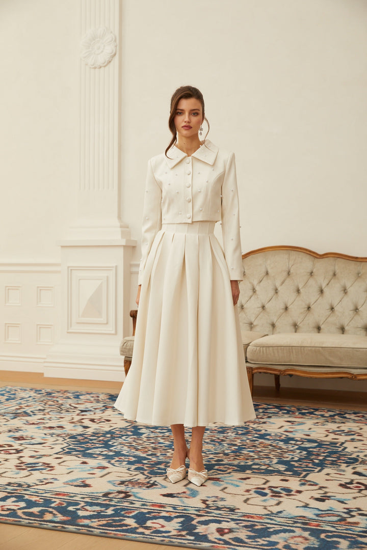 MIA| White Faux Pearl Jacket & Pleated Skirt Set