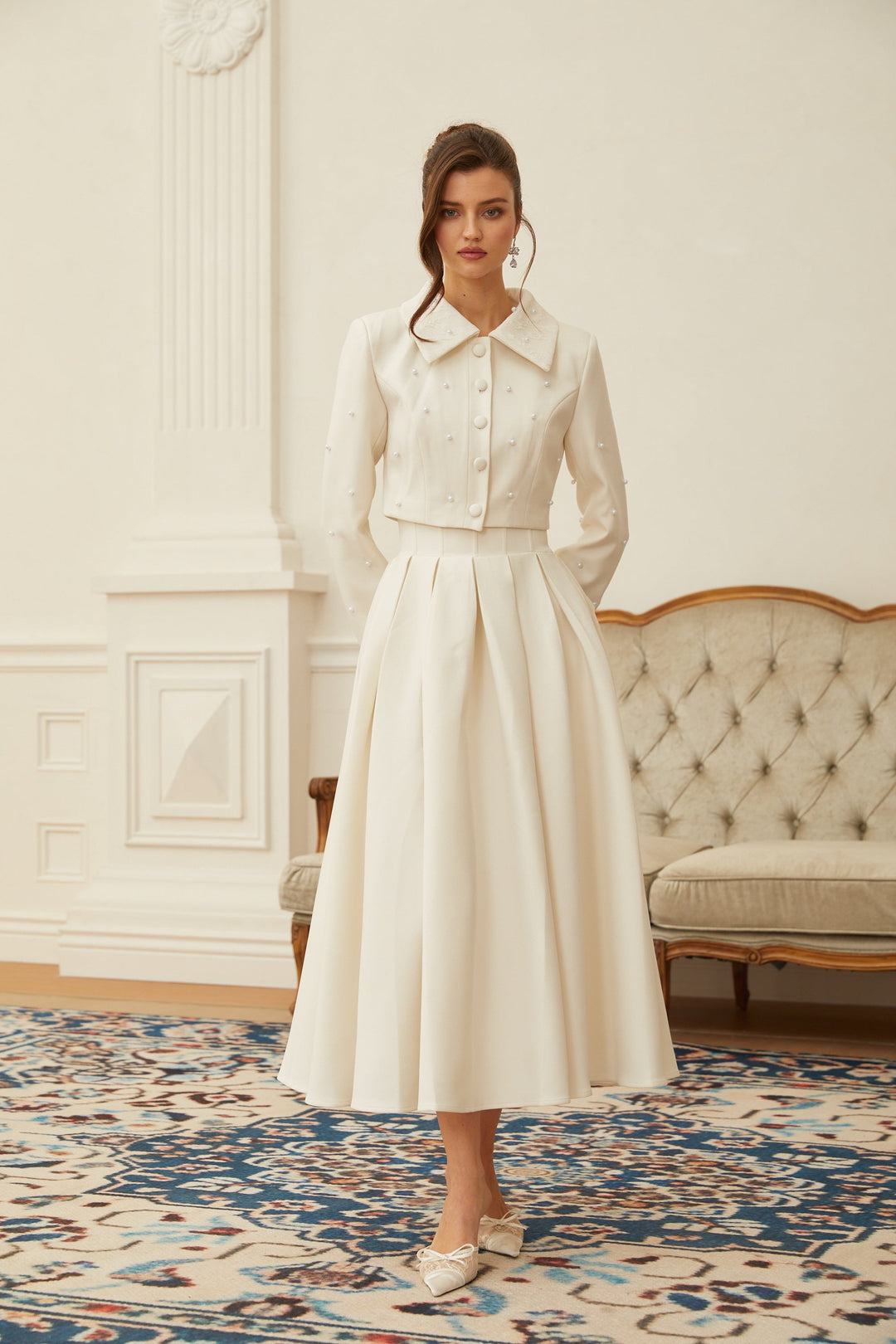 MIA| White Faux Pearl Jacket & Pleated Skirt Set