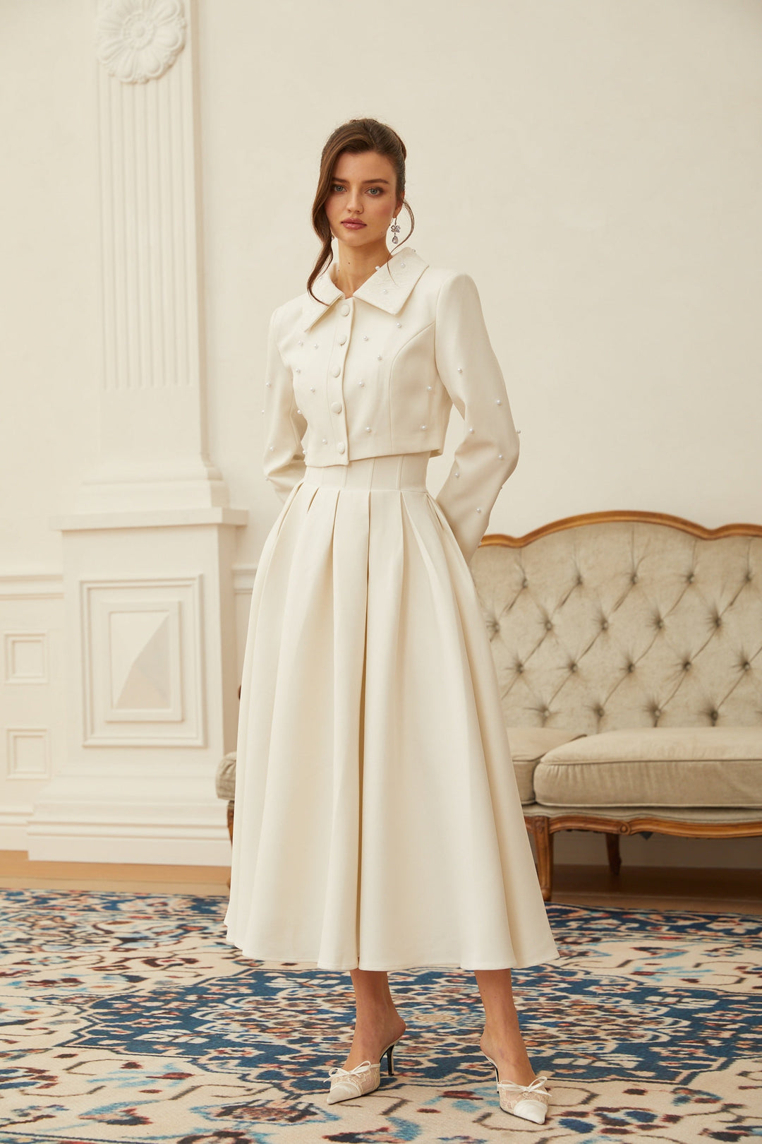 MIA| White Faux Pearl Jacket & Pleated Skirt Set