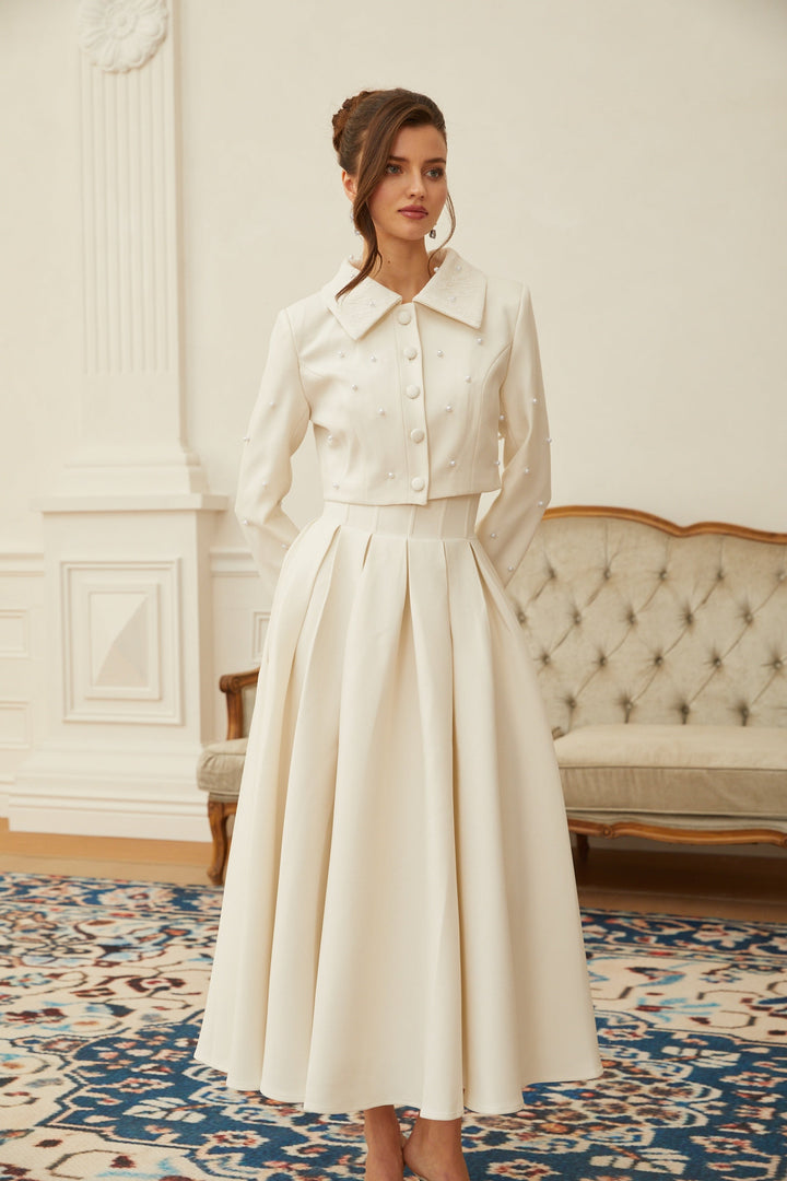 MIA| White Faux Pearl Jacket & Pleated Skirt Set
