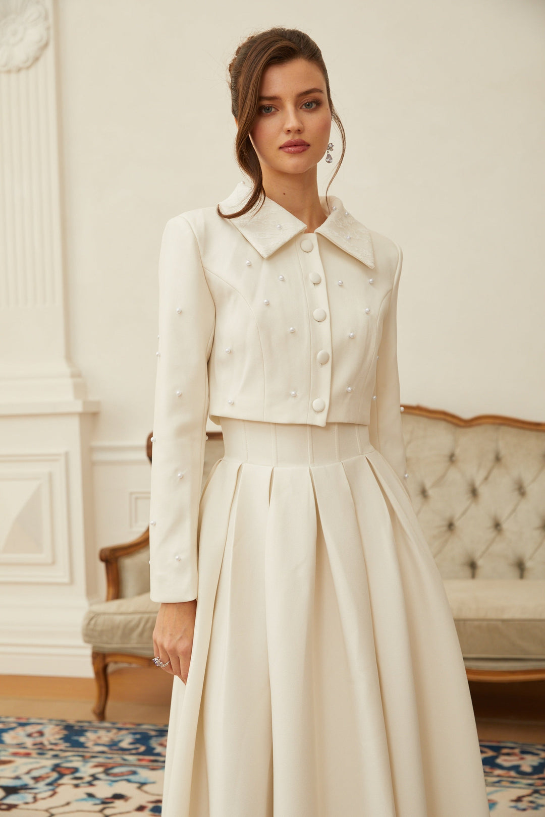 MIA| White Faux Pearl Jacket & Pleated Skirt Set