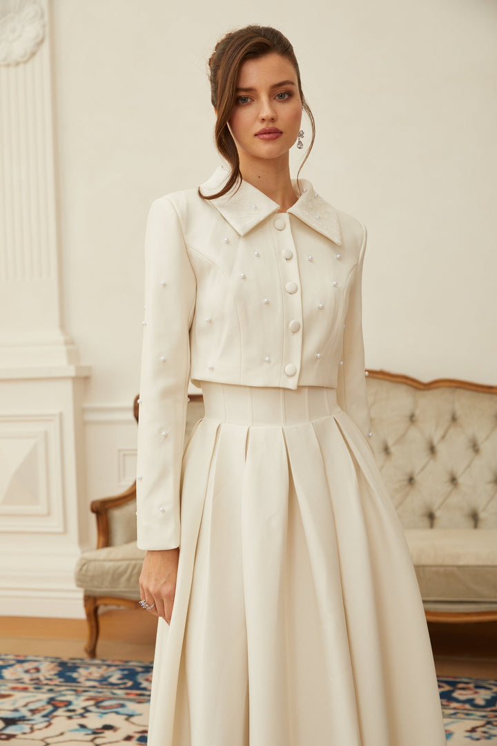 MIA| White Faux Pearl Jacket & Pleated Skirt Set