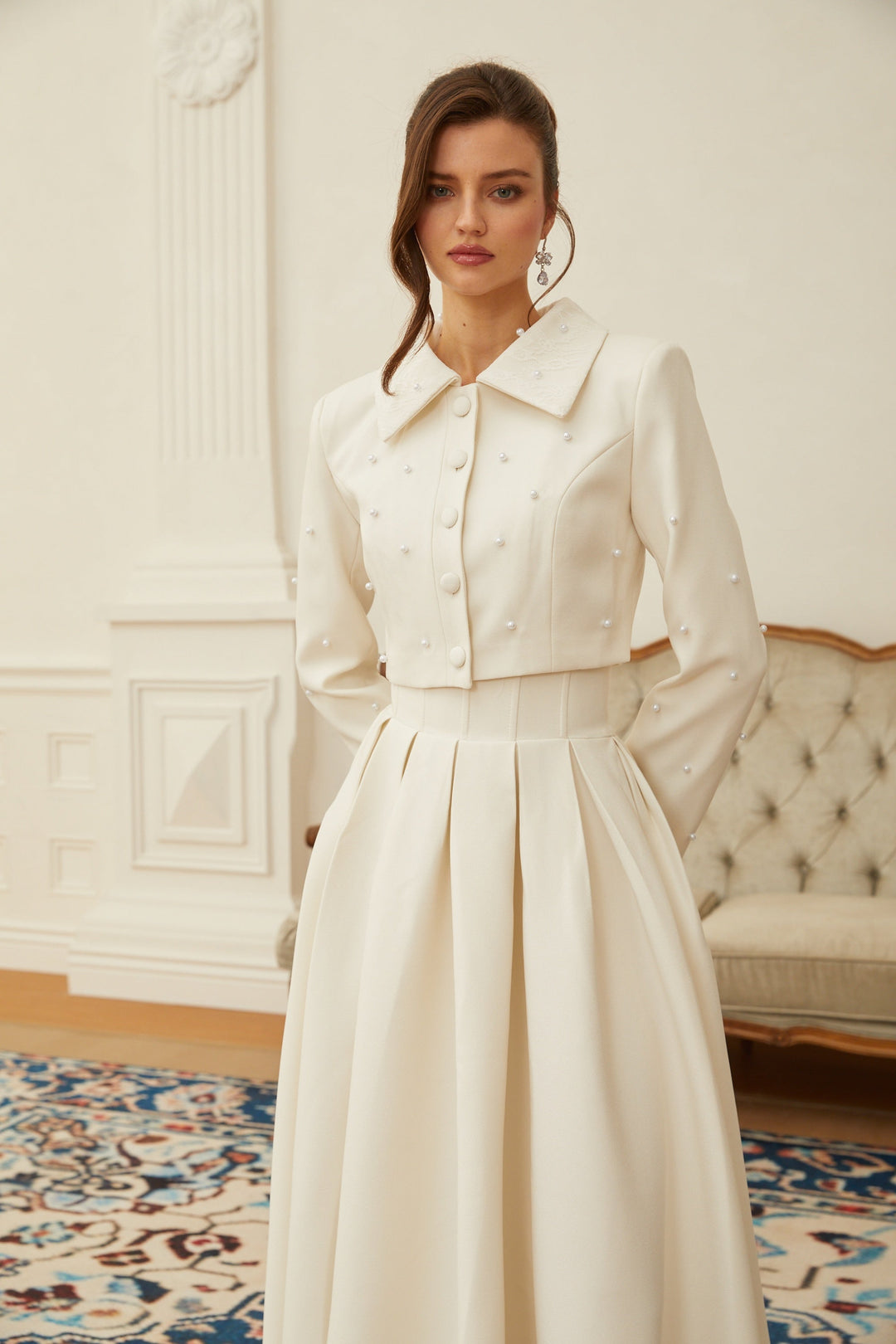 MIA| White Faux Pearl Jacket & Pleated Skirt Set