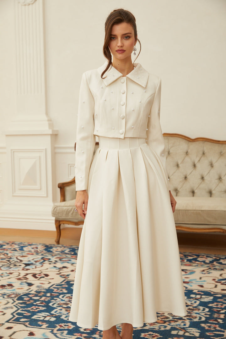 MIA| White Faux Pearl Jacket & Pleated Skirt Set