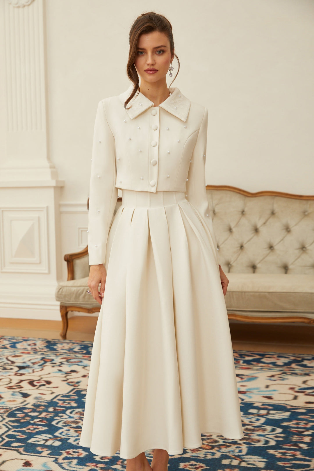 MIA| White Faux Pearl Jacket & Pleated Skirt Set