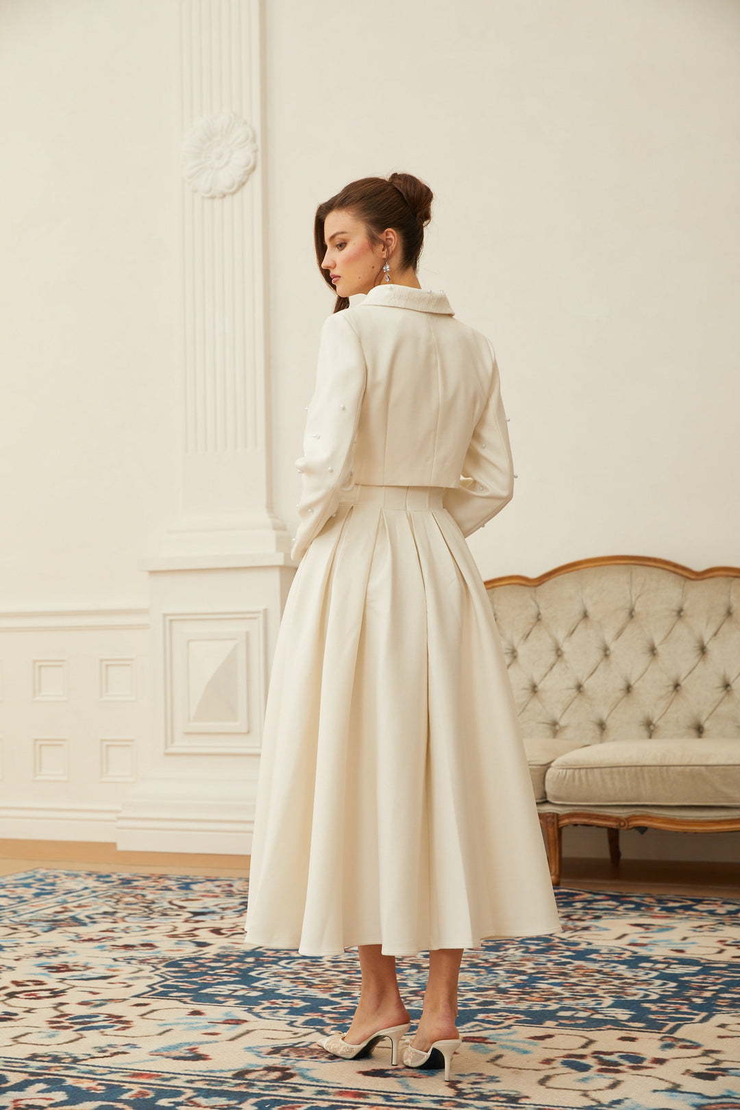 MIA| White Faux Pearl Jacket & Pleated Skirt Set