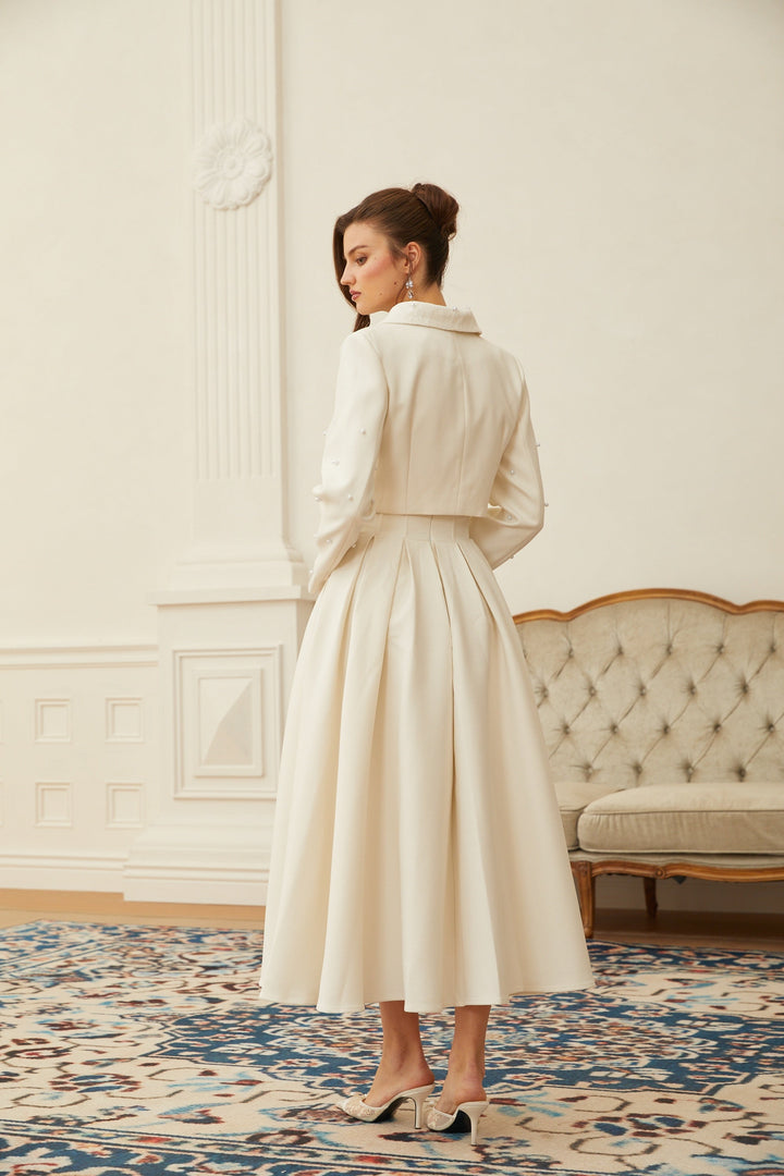 MIA| White Faux Pearl Jacket & Pleated Skirt Set