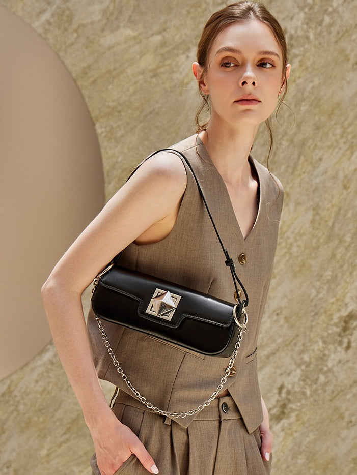 EVANGELINE | Minimalist Smooth Genuine Leather Silver Buckle Baguette Bag